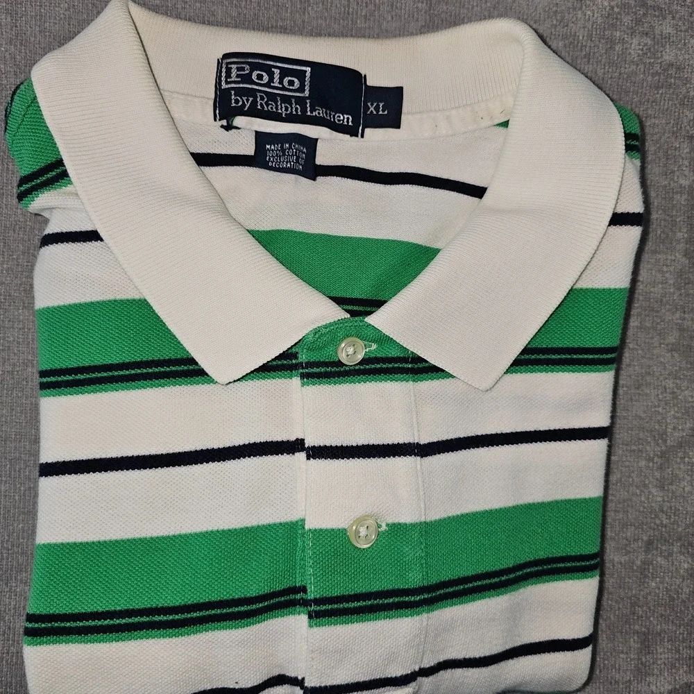 Polo by Ralph Lauren Shirt Men XL Green White Striped Rugby Short Sleeve Y2K